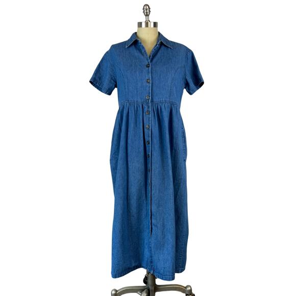 Vintage L.L. Bean Women's Blue Jean Denim Button Down Midi Dress (Sz M) - Picture 1 of 10